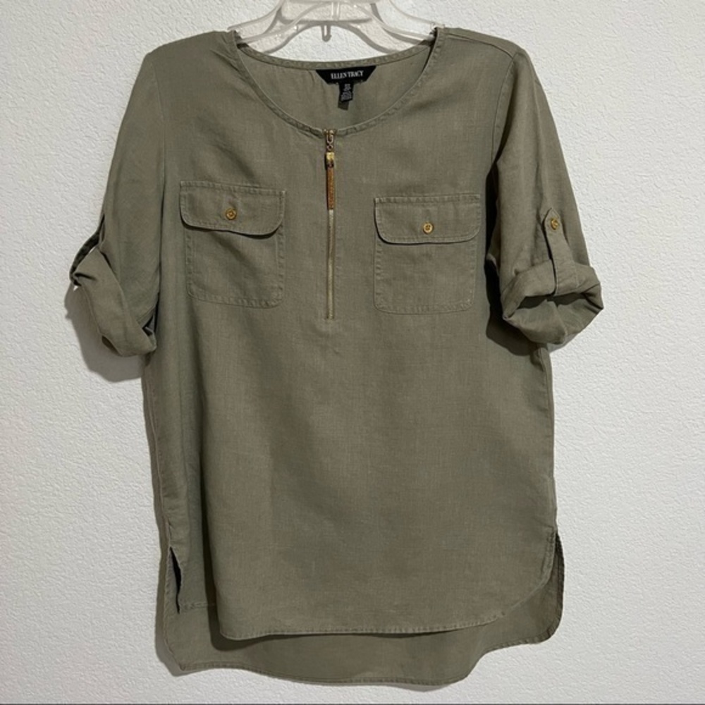 Ellen Tracy Sage 1/4 Zip Linen Tunic Rolled Sleeves Pockets Gold Hardware  New M